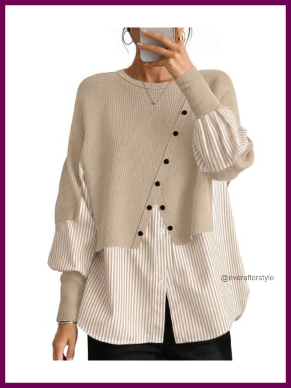 Women Knit Tunic Top Long Sleeve Patchwork Layered Look Teacher Sweater